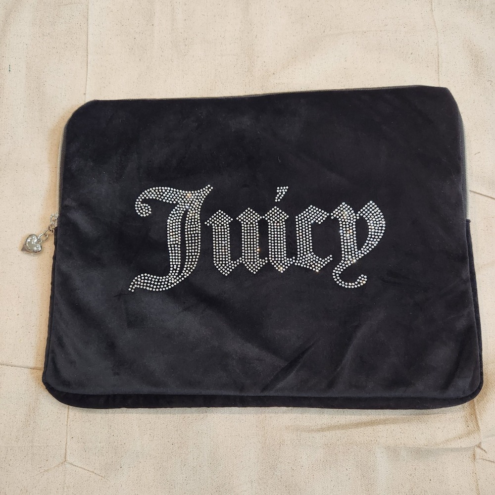 Juicy Couture Black Velour Rhinestone Laptop Sleeve Case Y2K Bling Heart Zipper